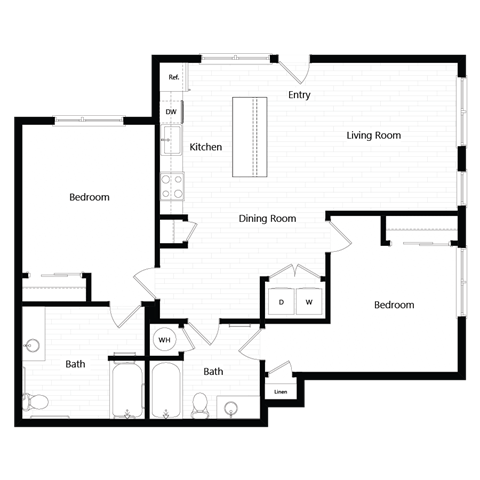 Floor plan for 2 beds, 2 baths, 1115 sqft